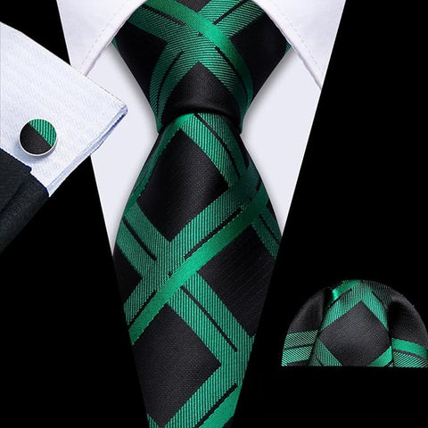 Emerald Green and Black Silk Necktie Set-LBW1448