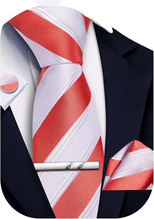 White and Coral Wedding Necktie Set-LBWA1234