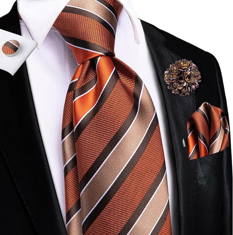 Brown and Burnt Orange Stripe Necktie Set-LBWH