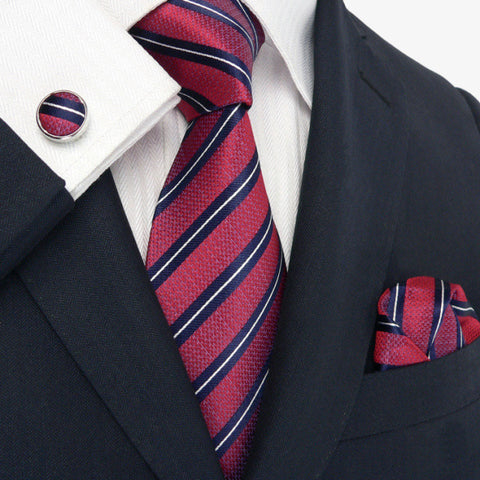 Red , Navy Blue and White Stripe Necktie Set JPM18007