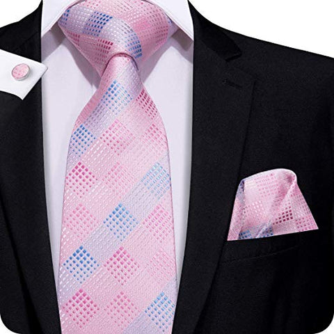 Pink and Blue Check Silk Necktie Set- LBW257