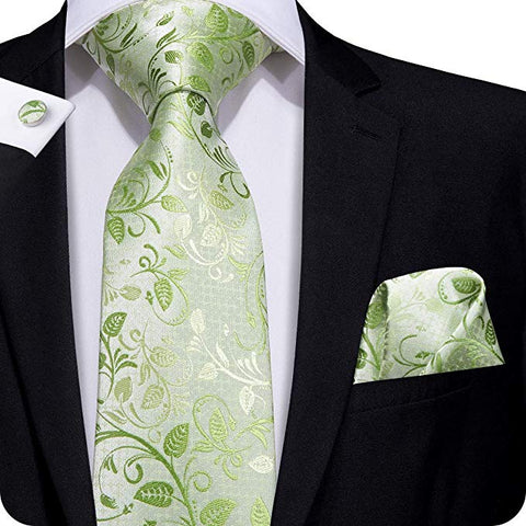Mint Green Floral Silk Necktie Set- LBW261