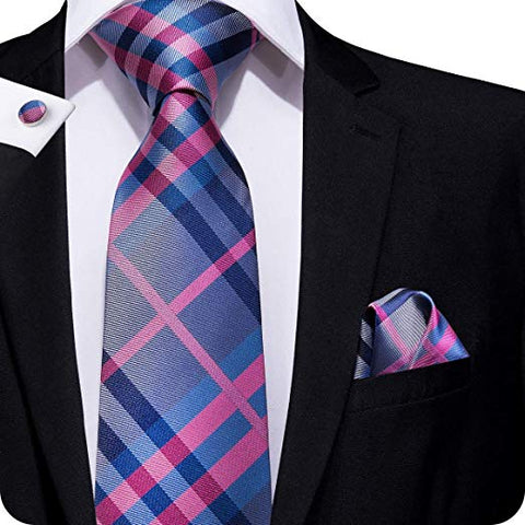 Blue and Pink Plaid Silk Necktie Set LBW295