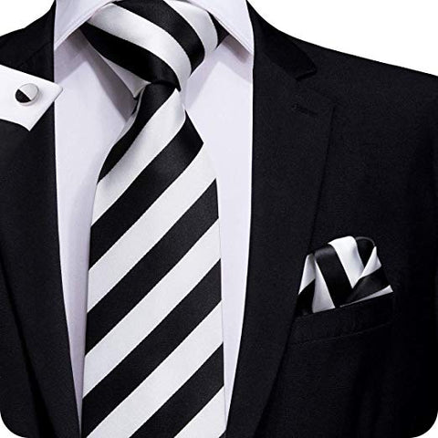 Black and White Striped Silk Necktie Set -LBW338