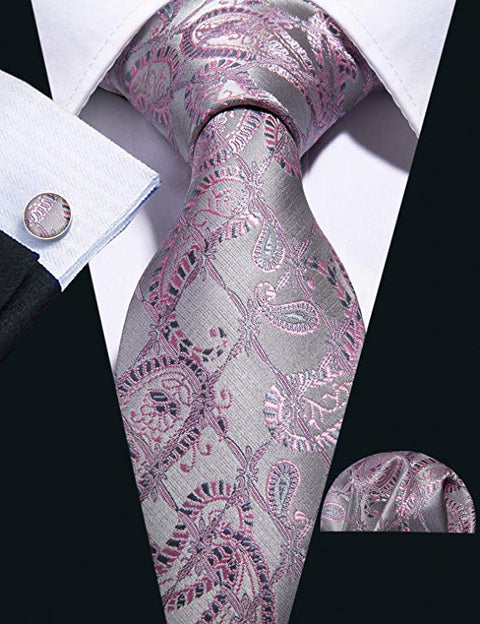 Gray and Pink Silk Necktie Set-LBW350