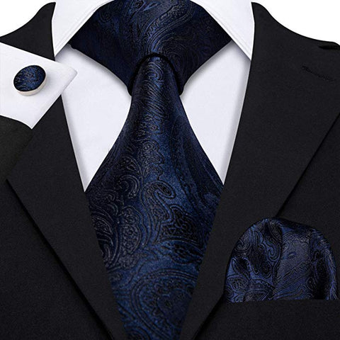 Dark Blue Paisley Silk Necktie Set-LBW371