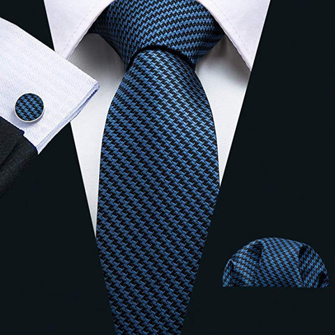 Blue and Black Hounds Tooth Tie Set LBW5087