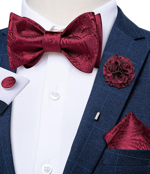 Burgundy Silk Bow Tie Set-BTS505