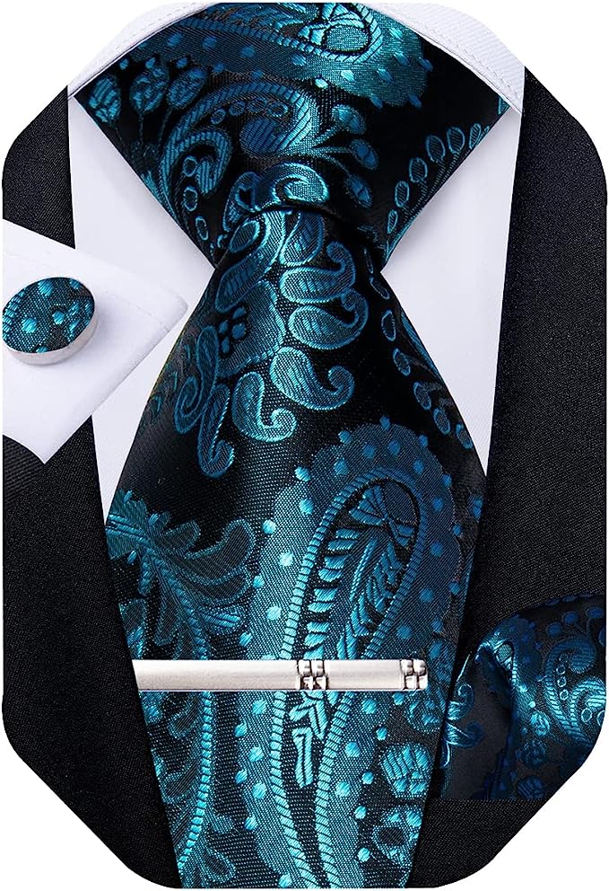 Black and Teal Paisley Necktie Set-DBG1368