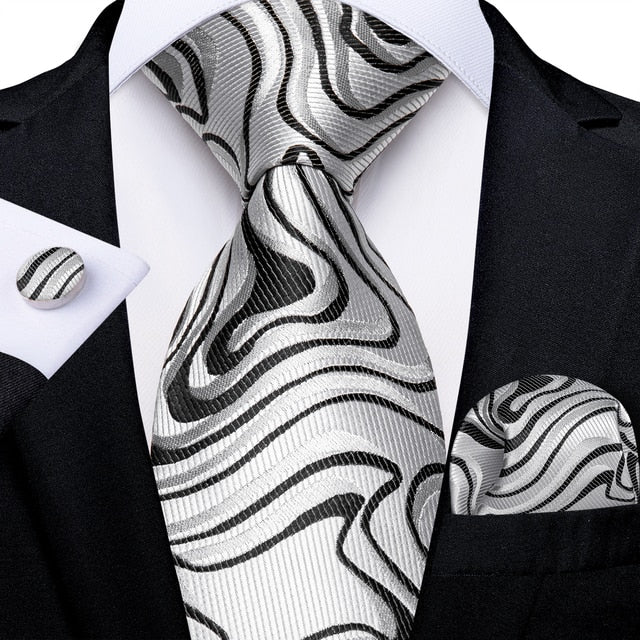 New Silver Black Grey Silk Necktie Set-DBG1372