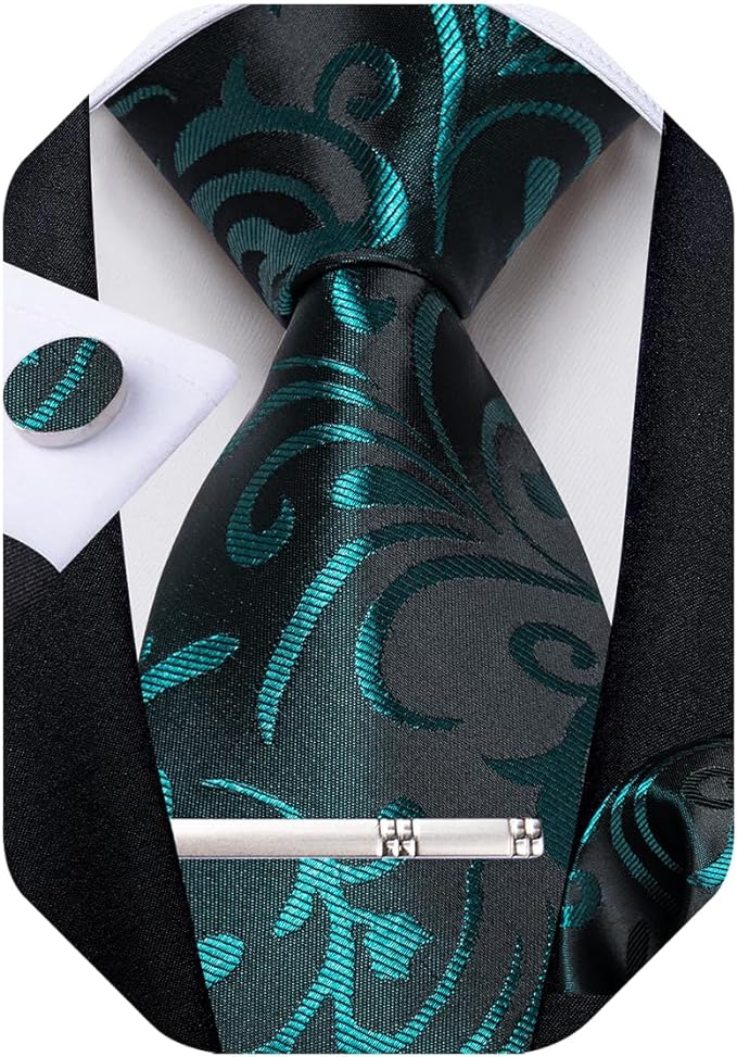 Black and Teal Silk Necktie Set-DBG1403