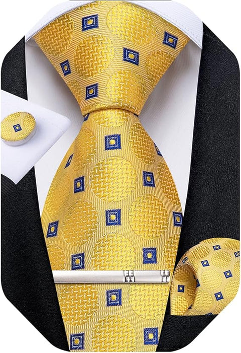 Yellow and Blue Silk Necktie Set-DBG1559