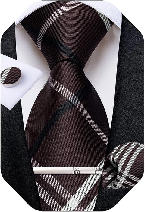Brown Plaid Silk Necktie Set-DBG1562