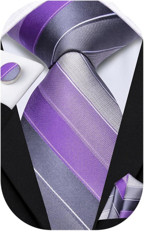 Purple Grey White Stripe Necktie Set-DUB1557