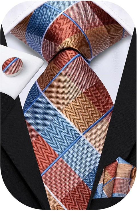 Rust Blue Brown Necktie Set-DUB1567
