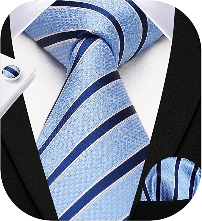 Sky Blue and Navy Striped Necktie Set-HDNE67