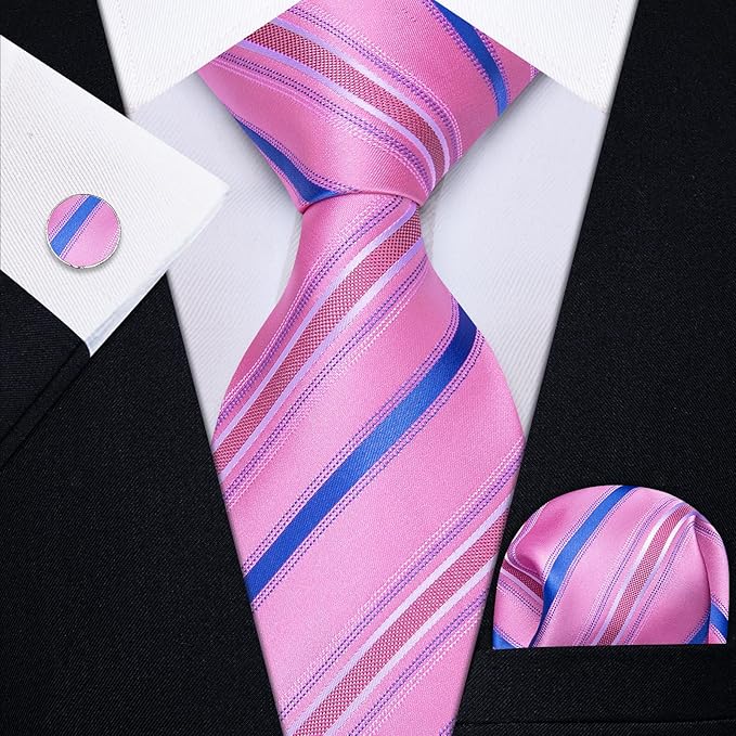 Pink and Blue Striped Silk Necktie Set-JYTS48