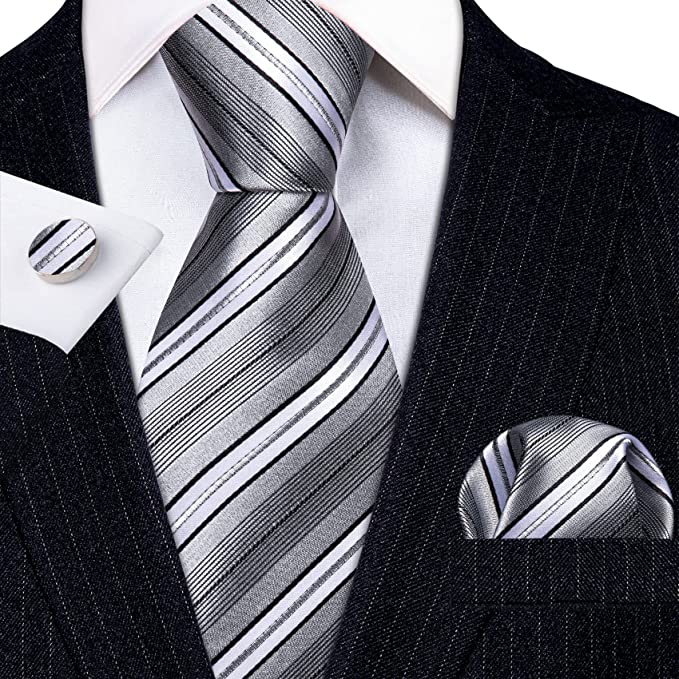 Grey White Black Striped Necktie Set-LBW1325