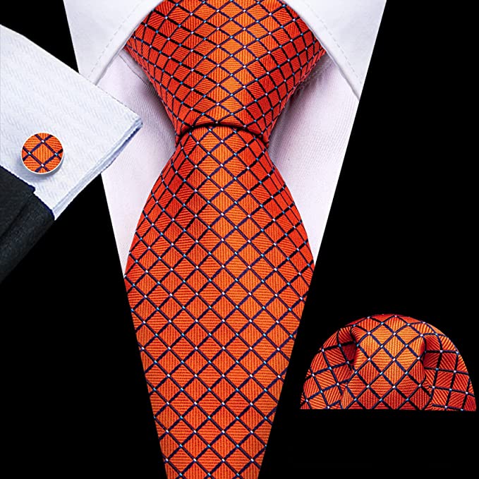 New Orange Plaid Silk Necktie Set-LBW1330