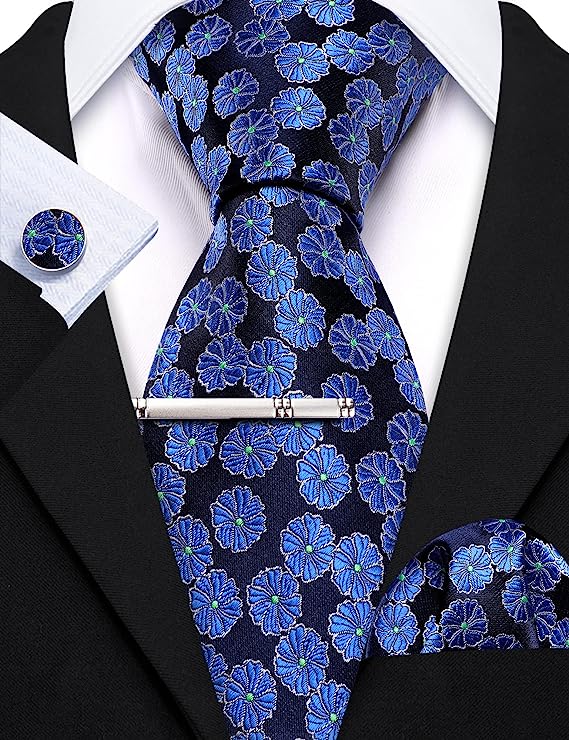 Blue Flower Pattern Necktie Set-LBW1343