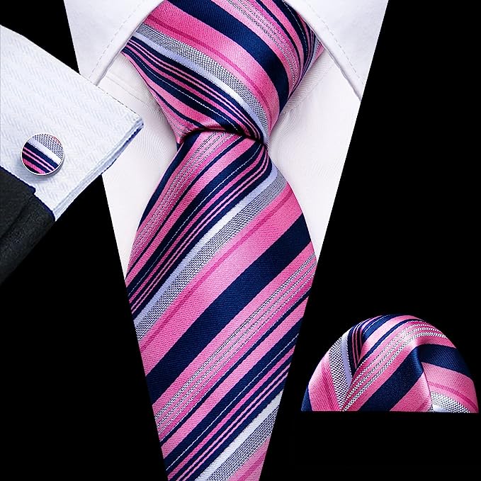 Pink Blue Grey Striped Silk Necktie Set-LBW1353