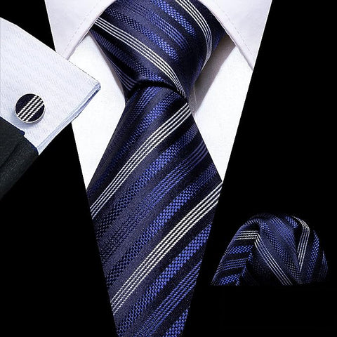 Blue and Grey Striped Necktie Set-LBW1384