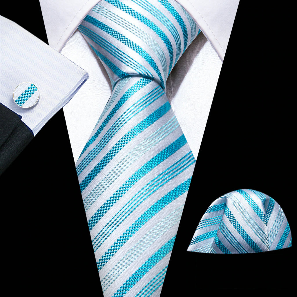 Turquoise and White Stripe Wedding Necktie Set-LBW1398