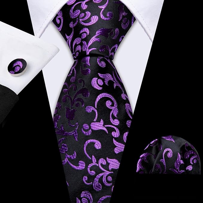 Sunday Best Purple and Black Floral Silk Necktie Set-LBW1432