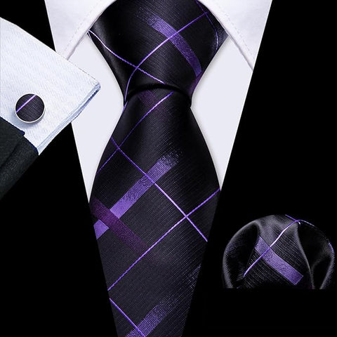Purple and Black Silk Plaid Necktie Set-LBW1443
