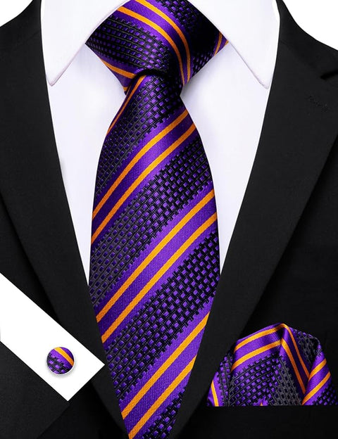 Purple and Gold Stripe Necktie Set-LBW1463