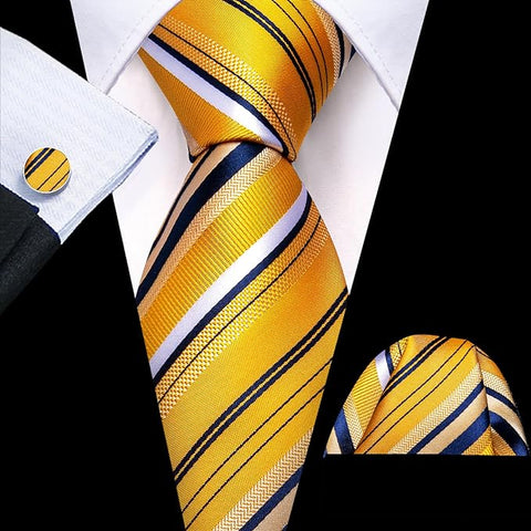 Lemon Yellow White and Blue Stripe Necktie Set-LBW1464