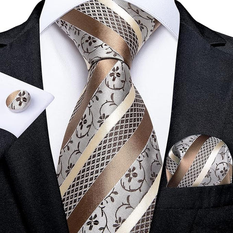 Khaki Brown and Grey Striped Necktie Set-LBW1508
