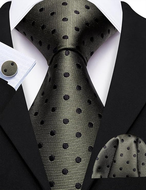 Olive Green and Black Polka Dot Necktie Set-LBW1735
