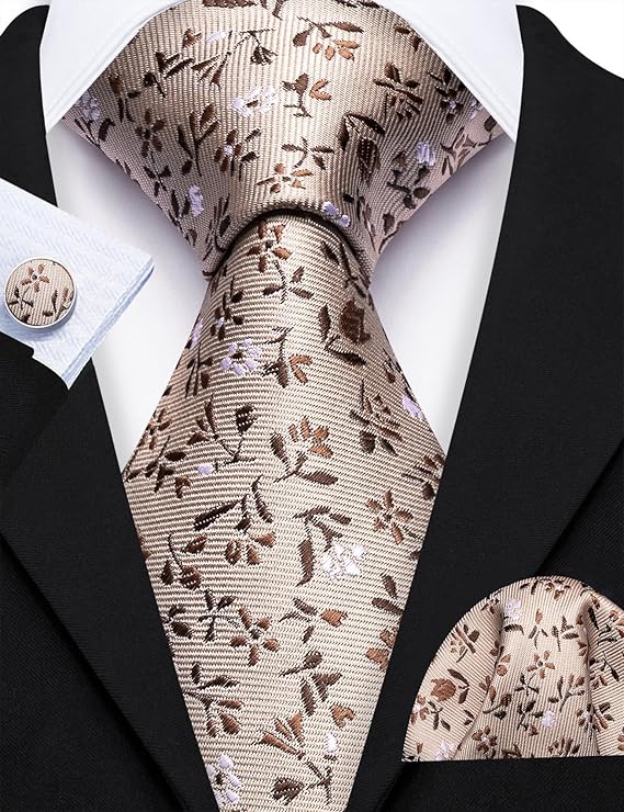 Khaki and Brown Floral Necktie Set-LBW1737