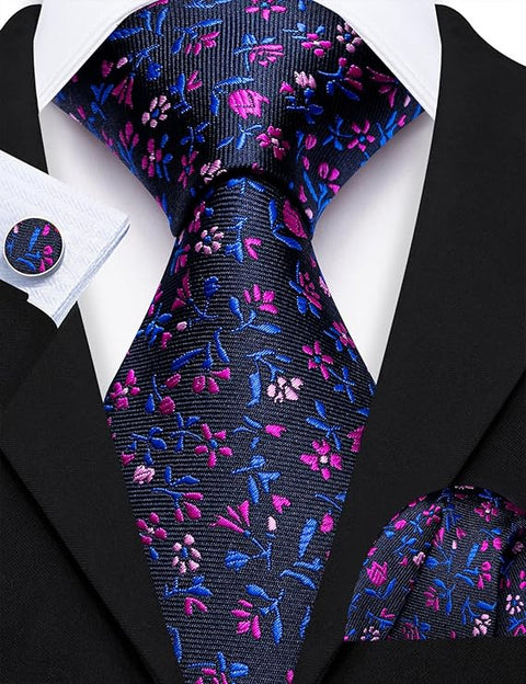 Blue and Pink Floral Necktie Set-LBW1738