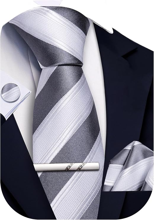 White and Grey Wedding Necktie Set-LBWA1233