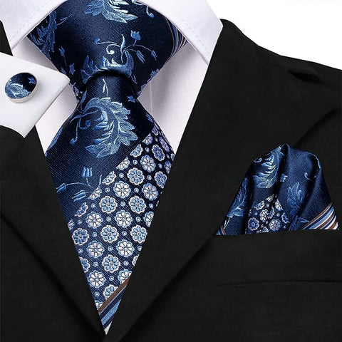 Extra Long Blue White Brown Floral Necktie Set-LBWH1385