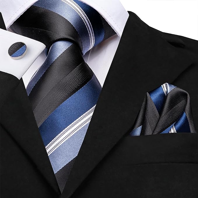 Navy Black Grey Silk Stripe Necktie Set-LBWH1392