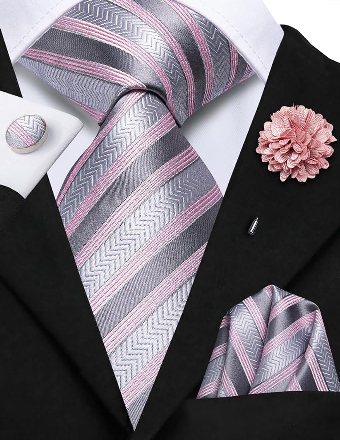 Pink and Grey Silk Necktie Set-LBWH1395
