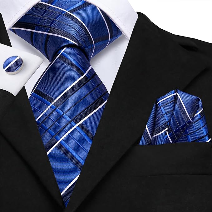 Blue White Plaid Silk Necktie Set-LBWH1442