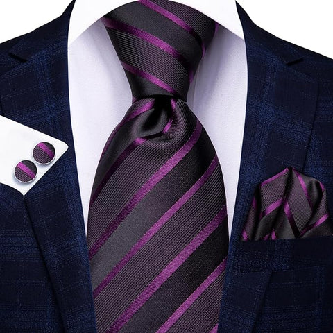 Purple and Black Stripe Wedding Necktie Set-LBWH1451