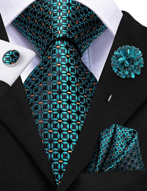 Teal and Black Silk Necktie Set-LBWH1453