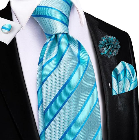 Tiffany Blue Stripe Wedding Necktie Set-LBWH1460