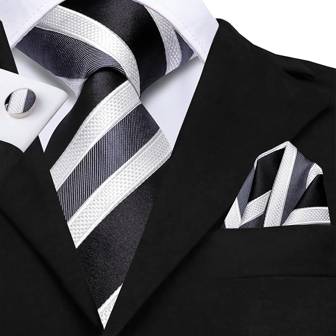 Extra Long Black and White Striped Necktie Set-LBWH1796