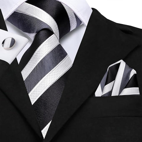 Extra Long Black and White Striped Necktie Set-LBWH1796