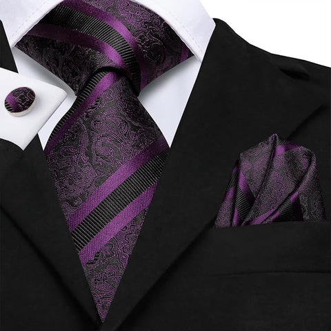 Extra Long Purple and Black Striped Necktie Set-LBWH1797