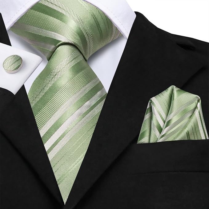 Extra Long Sage Green Striped Necktie Set-LBWH1799