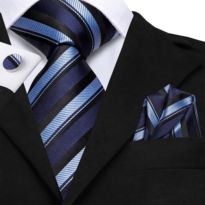 Extra Long Blue and Black Striped Necktie Set-LBWH1800