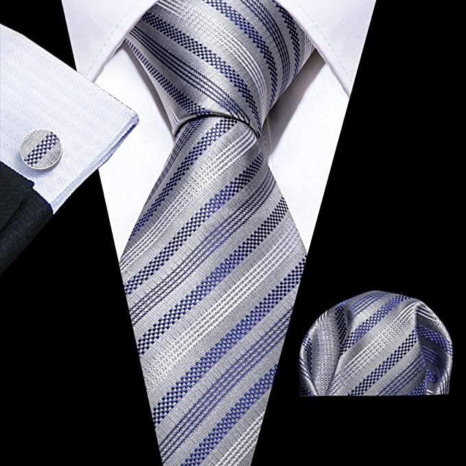 Silver and Navy Blue Stripe Silk Necktie Set-LBWY1319