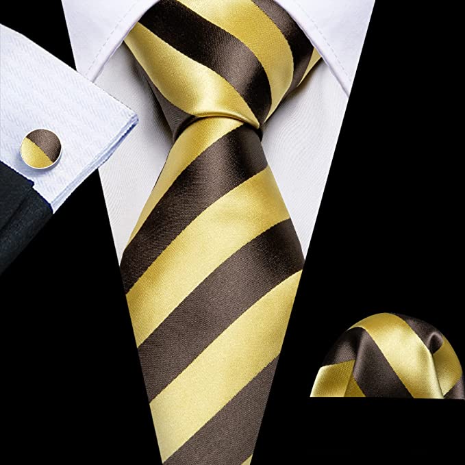 Brown and Gold Striped Silk Necktie Set-LBWY1327